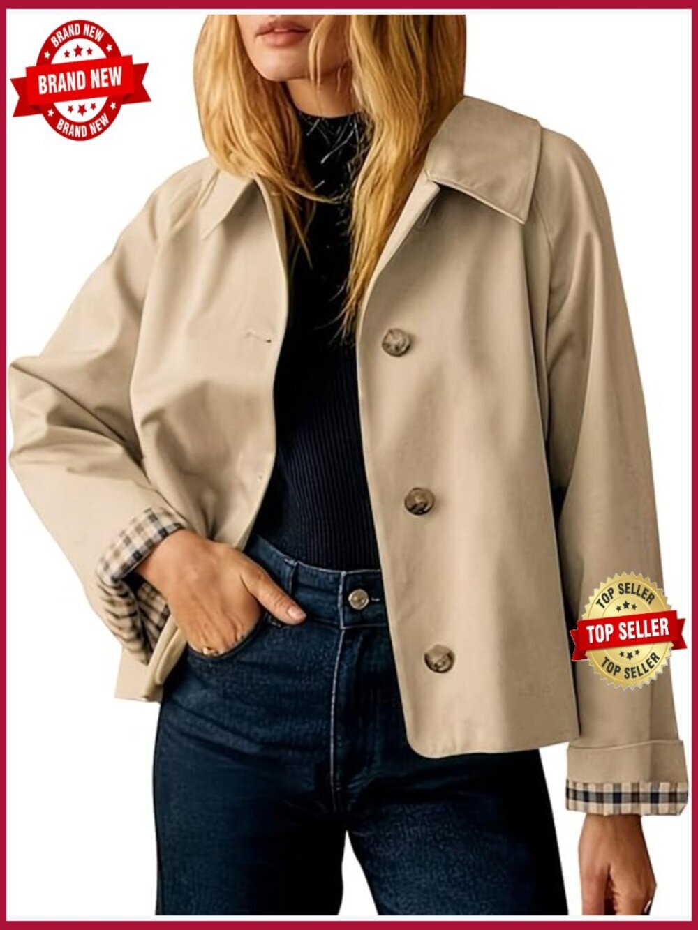 Cropped Trench Coat Oversized Button Down Long Sleeve Lapel Jacket
